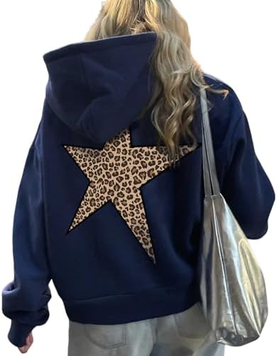 Star Graphic Hoodies For Women Oversized Y2K Leopard Print Hooded Sweatshirt Casual Preppy Pullover Tops Streetwear