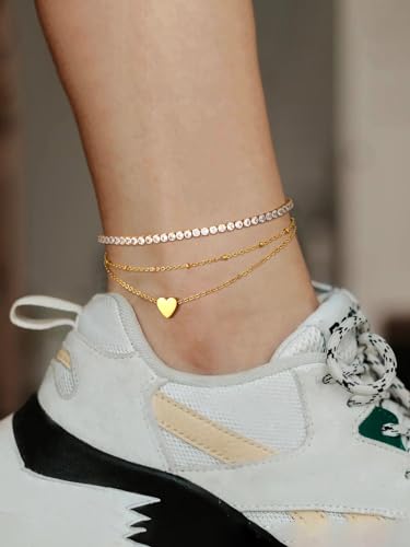 Image of FindChic Black /Silver /Gold Plated Anklets Set of 2PCS /3PCS Herringbone Chain Cuban Link Heart Charm Sparkling Tennis Ankle Bracelets, Waterproof Summer Foot Jewelry for Beach
