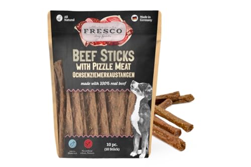 Fresco Ochsenziemerkaustangen 25 cm | 10 Stück | Ergänzungsfuttermittel für Hunde | Natürlicher Snack aus frischer Rinderkopfhaut und Ochsenziemer | Wiederverschließbar