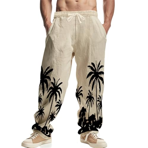 Pantalones de hombre elegantes con bolsillos elásticos para yoga, fantasía, ligeros, de verano y playa, de algodón y lino, mono informal para el tiempo libre, delgados, palmera estampada hawaiana