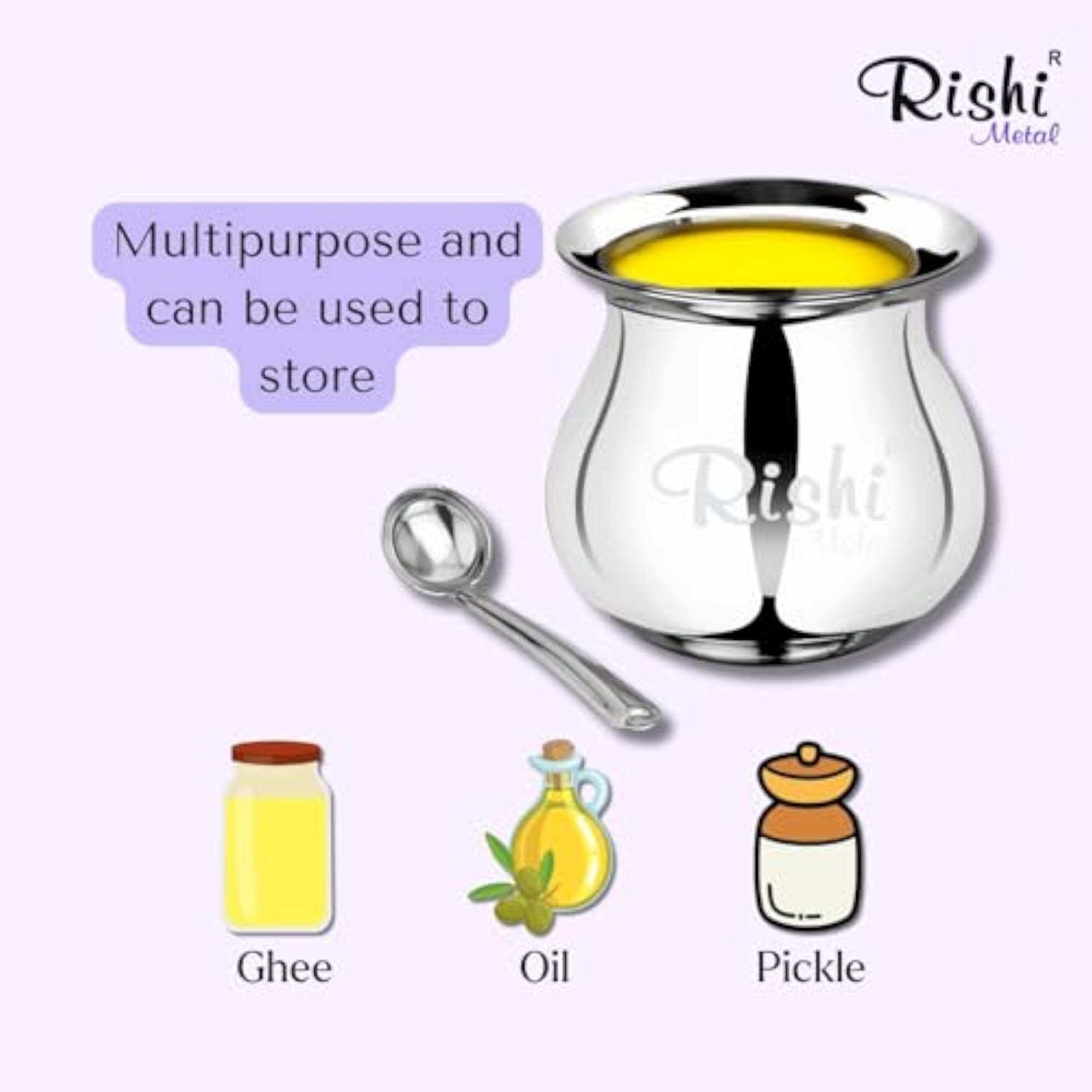 Stainless Steel Ghee Pot with Spoon, 400 ml