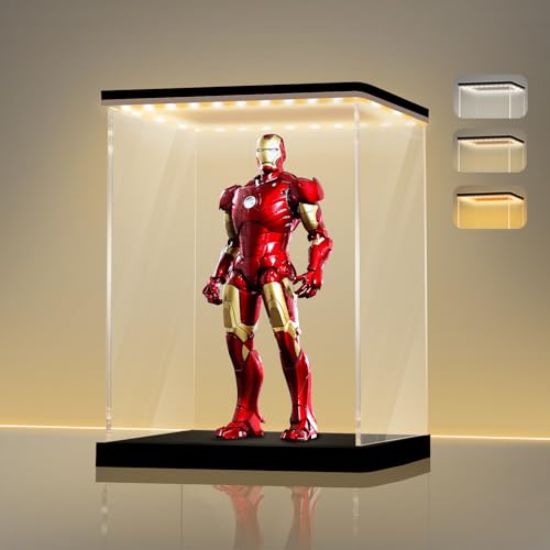 LANSCOERY Clear Acrylic Display Case with Light, Assemble Vertical Display Box Stand with Black Base, Dustproof Protection Showcase for Collectibles Memorabilia Figurines (4.7x4.7x6inch; 12x12x15cm)