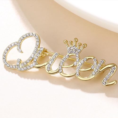 Image of Rhinestone Crown Queen Brooch Pin,Gold Silver Crystal Letters Queen Suit Lapel Pin Queen Badge Pin Jewelry for Women Girls Gifts