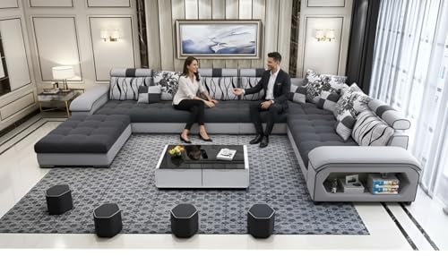 Image of Brown Maple U-Shape Sectional Sofa Set for Home | 10-Seater Fabric Sofa with Tea Table & 4 Puffy | Spacious Seating for 14 Persons | Pre-Assembled, Modern Comfort Design(Grey)