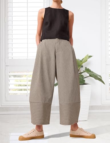 Womens Denim Barrel Pants Striped Elastic Waist Wide Leg Cropped Relax Fit Trousers with Pockets2
