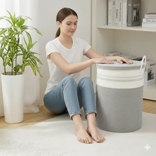 Image of lid Laundry Basket for Clothes, Toy Storage Basket, Storage Basket for Living room, Multi-Purpose, Extra Large Laundry Basket, Dirty Cloth Baskets, 15x20 in inch (LXH) (BG1)
