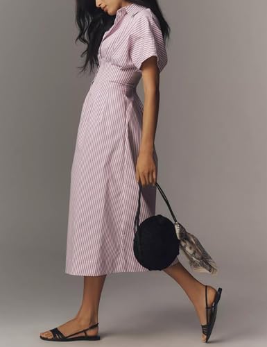 Image of Women Striped Button Front Pleated Maxi Shirt Dress Short Sleeve Collar Summer Casual Purple Corset Long Dress
