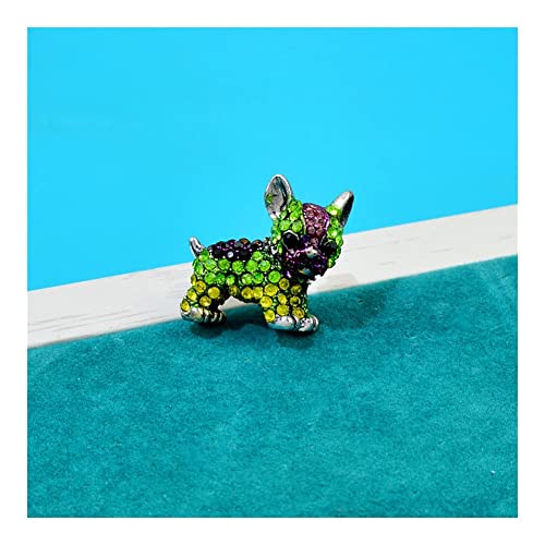 Broche chien strass vert jaune avec épingle de sûreté robuste