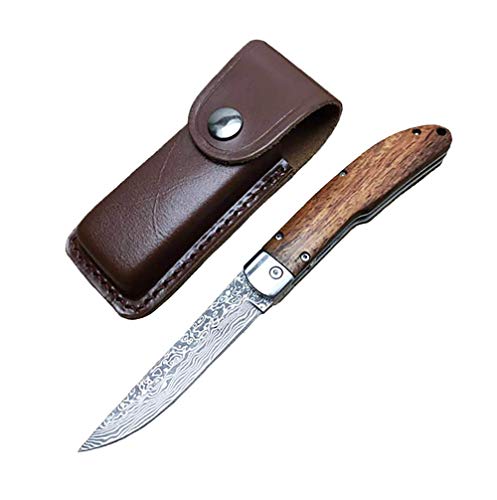 Ideaselection Outdoor Couteau de Camping Lame a Ressort Couteau Acier Couteau de Survie Damas Couteau Manche en Bois Poignée Couteau de Chasse avec Couteau Pliant Multi Outil à Main EDC la Gaine Cuir
