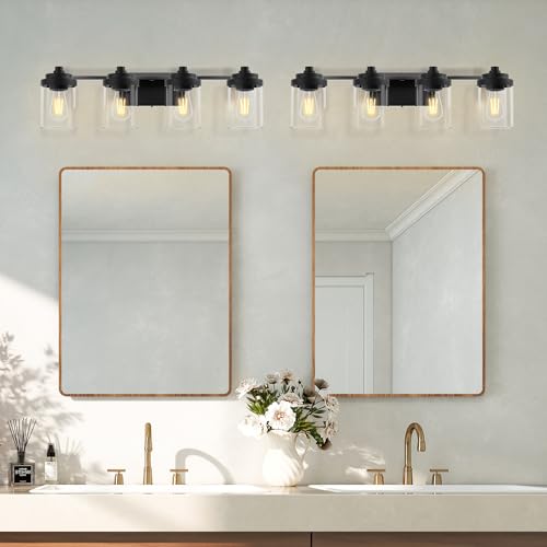 Image of Bathroom Vanity Light Fixture, 4-Light Modern Black Vanity Light Fixtures with Clear Glass Shade, Matte Black Bathroom Light Fixtures Over Mirror, Rustic Restroom Lighting Fixtures
