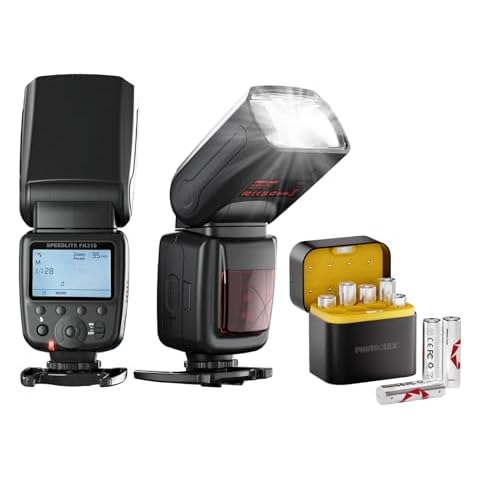 PHOTOOLEX LCD Camera Flash Speedlite and 8 Pack Rechargeable AA Batteries Lithium with Charger Cover