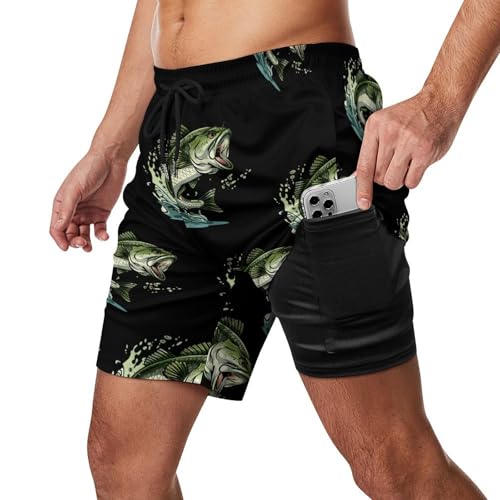 Bass Fishing Mens Swim Trunks with Compression Liner Quick Dry Board Beach Shorts2