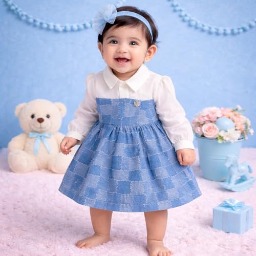 Image of Pure Cotton Baby Girl Denim Frock with attached White shirt | Soft, Elegant & Perfect for Every Occasion