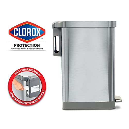 Glad Slim Trash Can With Clorox Odor Protection - Narrow Kitchen Garbage Bin With Soft Close Lid, Step On Foot Pedal And Waste Bag Roll Holder, All Stainless, 45 Liter #TOP1