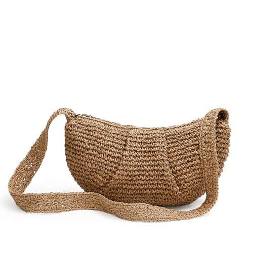 Herald Small Pleated Crescent Straw Woven Crossbody Bag for Women, Ruched Handmade Summer Beach Shoulder Purse Handbag