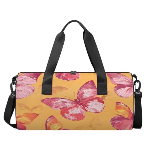 Butterflies Round Barrel Sports Fitness Bag, Yellow Travel Luggage Bag, Reusable Handbag, Suitable For Men and Women2