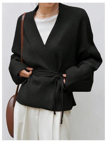 Image of WDIRARA Women's Wrap Long Sleeve Tie Front Cardigan | V Neck, Belted Sweater, Casual, Long Sleeve, Tie Waist, Knit Top