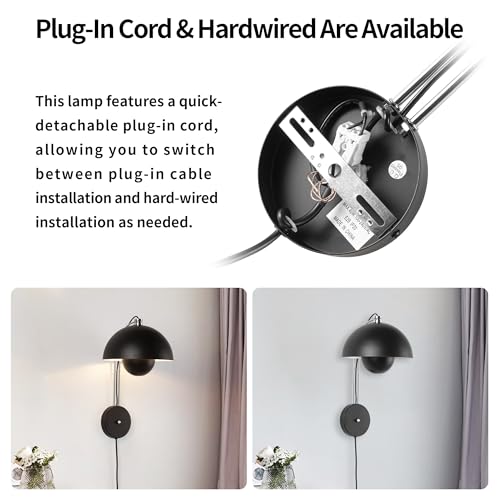 Image of Mid-Century Modern Bud Plug in Wall Sconces for Bedroom, Glossy Black | Indirect lighting reading wall lamp, all-metal construction, plug-in or hardwired install, fits bedroom bedside, living room