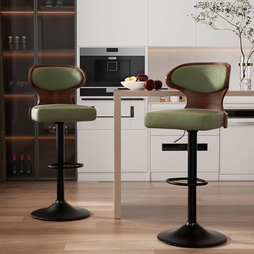 Hawthyhome Adjustable Height Bentwood Bar Stools Set of 2 with Back & Footrest - PU Leather Upholstered Chair for Kitchen, Dining Room, 62-85cm