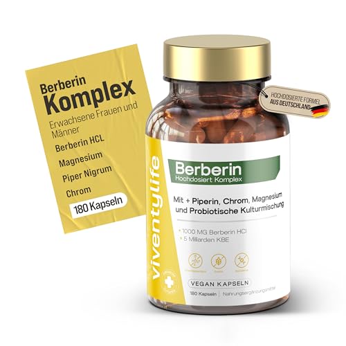 Hochdosiert Berberin Komplex 180 Vegan Kapseln für 3 Monate 1000mg Berberin HCl mit Magnesium Chrom Probiotische Mischung und Schwarzem Pfeffer