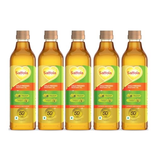 Image of Saffola Cold Pressed Mustard Oil | 100% Cold Pressed Mustard Seed Oil | Helps Manage Cholesterol, Goodness of Omega 3 with Authentic Seed Flavour | 1L Pet Bottle (Pack of 5)
