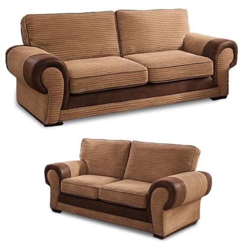 3+2 Seater Sofa Set - Jumbo Cord High Back Cushion Sofas - Comfortable 2 Seater & 3 Seater Living Room Sofa Suite - Dual Arm Corner Lounge Furniture (Beige, 3+2 Seater Set)
