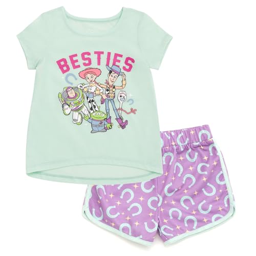 Disney Toy Story 4 Toddler Girls Jersey Short Sleeve Graphic Tee and Allover Print Shorts Outfit Aqua Purple 2T