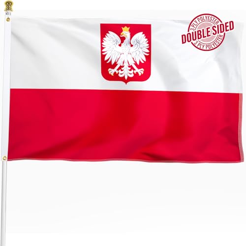 Poland Ensign Polish Flag 3x5 ft Outdoor Double Sided 3 Ply Heavy Duty National Flag 100% Quality Polyester Polish Eagle Banner with Brass Grommets 4 Rows Stitches
