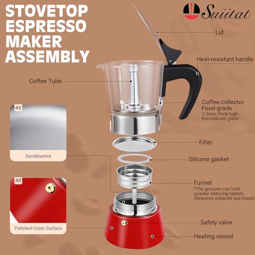 Image of Induction Moka Pot, 6 Cups (10.6 oz) Crystal Glass-Top & Stainless Steel Moka Pot, Classic Stovetop Espresso Maker, Red
