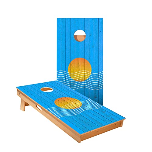 Skip's Garage Sunset Waves Cornhole Boards - Includes (2) Boards (Resin Bags) + (2) Hole Lights & (2) Edge Lights