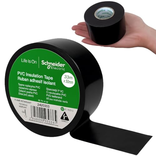 Schneider Electric Premium PVC Electrical Tape 50mm x 33m - Fire retardant Black Insulation Wide Roll (2420303)