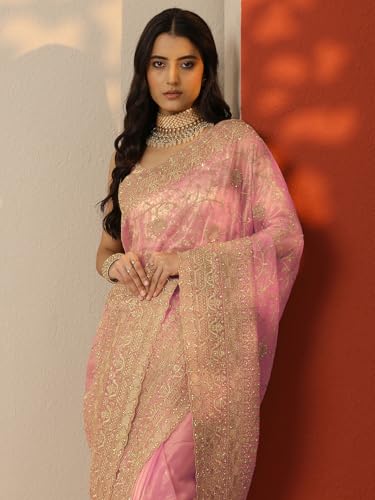 Image of Libas Embroidered Nylon Saree for Women With Unstitched Blouse Piece | Traditional Saree for Festive & Wedding