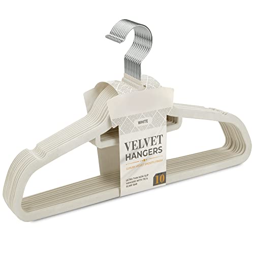 ALBERT AUSTIN Non-Slip Velvet Hangers Clothes Hangers (10 Pack) Ultra Thin Space Saving Suit Flocked Hangers Space Savers Slim Hangers with Tie Bar for Coats T-Shirts Jackets Suits Trousers (White)