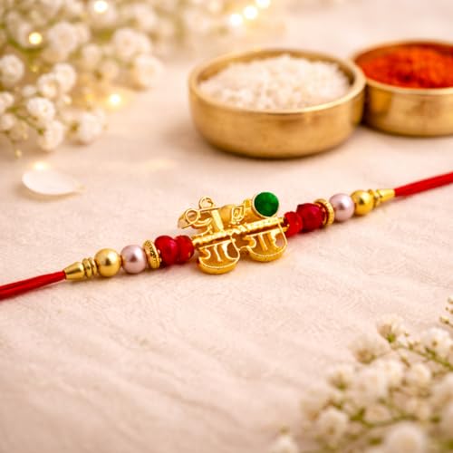 Image of JAIPUR ACE Designer Shree Radhe Rakhi with Pearl & Stone Beads- Premium Gold Finish Raksha Bandhan Thread for Brother,Rakhi with Elegant Red String and Festive Traditional Design (Radhe Radhe Rakhi)