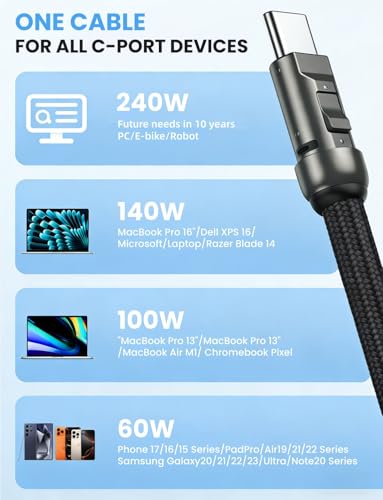 Image of Verilux PD 240W Type C Cable Fast Charging with Lanyard, 3.9Ft /1.2M C Type Charger Cable with 480Mbps Data transfer, Nylon Braided for iPhone 17 /17 Pro /17 Pro Max /16 /15 Series, Galaxy S26 /S25 /S24 /S23