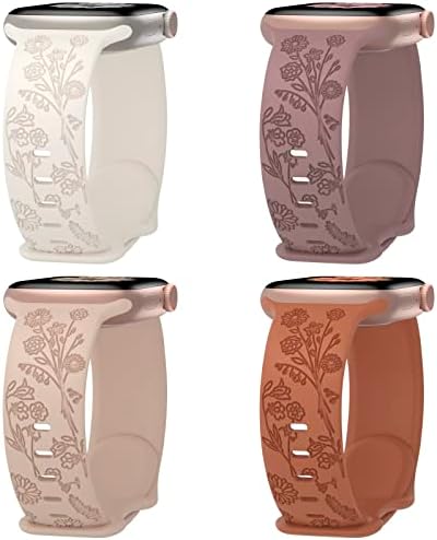 Keebowz 4 Pack Flower Engraved Silicone Band Compatible with Apple Watch Band 38mm 40mm 41mm 42mm 44mm 45mm 49mm, Women Soft Floral Strap Sport Wristbands for iWatch Series 8/7/6/5/4/3/2/1/SE/Ultra