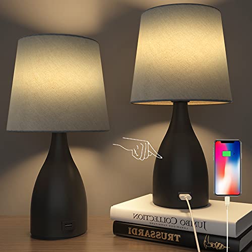 Set of 2 Bedside Table Lamps, Touch Control 3-Way Dimmable Bedroom Nightstand Lamps with USB Port, Modern Desk Lamp Sets with Fabric Shade for Living Room End Side Table Reading, 2 LED Bulbs Included