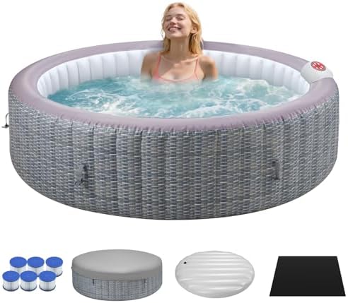 82" Inflatable Hot Tub for 4-6 People, Portable Outdoor Spa with 130 Soothing Bubble Jets, Smart Control Panel, with Insulated Cover, 6 Filters, PE Floor Mat, 110-120V Input (Round)