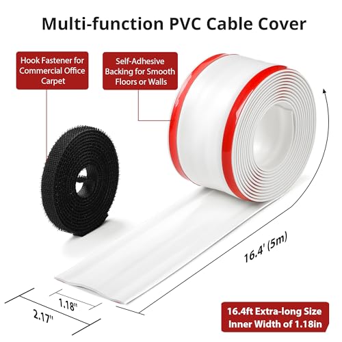 Image of ZhiYo 16.4ft Cord Cover for Wires on Floors or Walls, 2.2in Wide, White | Soft PVC cord hider with hook fastener for carpets. Easy to cut and install for extension cords, Ethernet & speaker cables