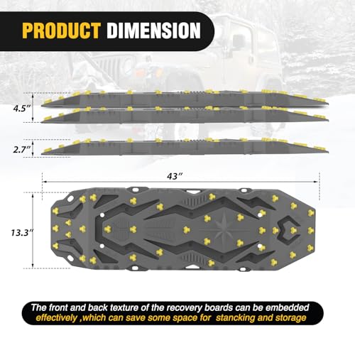 Image of Nilight Recovery Off-Road Traction Boards 2Pcs 43 inchL x 13.3 inchW with Yellow Teeth for 4WD 4X4 Mud Sand Snow Includes 2PCS Mounting Kit & Carry Bag (Grey)