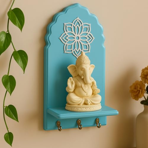 Image of Globally Indian Engineered Wood Keys Holder for Wall with Shelf, Mandala Design Key Stand Organizer for Home Entrance, Decorative Key Hanger for Wall, Entryway, Living Room, Floating Wall Shelf (Blue)