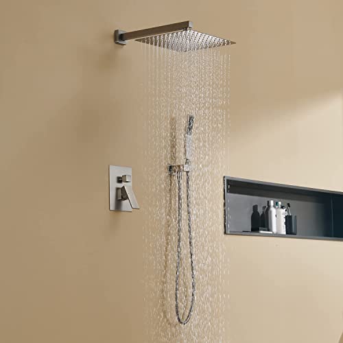 Image of Rain Shower System 12 Inches Shower Combo Set Brushed Nickel Wall Mount Faucet Bathroom Faucets with Rainfall Shower Head and Hand Shower