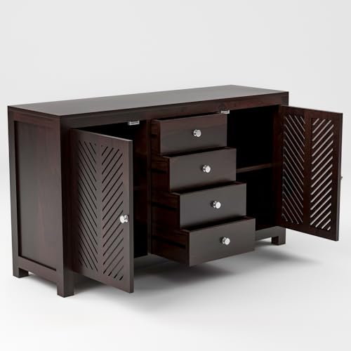Image of Solid Sheesham Wood Wooden Sideboard Storage Cabinet : Ideal for Living Room and Bedroom with 4 Drawers and 4-Shelf Storage ((Ferna, Walnut Finish)