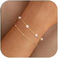 NECOCY Dainty 14K Gold Plated Pearl Bracelets for Women - Stackable Beaded Link Chain Set, Non-Tarnish Adjustable Jewelry Gift