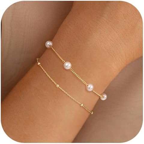 NECOCY 14k Gold Plated Pearl Bracelets for Women,Dainty Bracelets Stack Pearls Beaded Link Chain Charm Bracelets Set Layered Non Tarnish Tiny Jewelry for Women