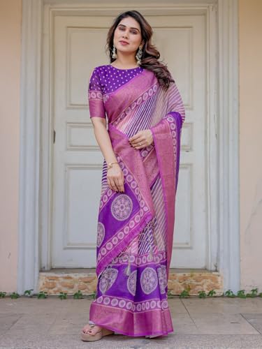 Image of ALMAARI FASHION Floral Printed Cotton Saree for Women with Handloom Zari Weave, Traditional Lightweight Ethnic Saree for Wedding Festive Office Party with Blouse Piece (LINEN 81-90 SH)