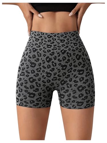 RoseSeek Women's Leopard Print High Waisted Sports Biker Shorts Tummy Control Stretchy Shorts Dark Grey Medium