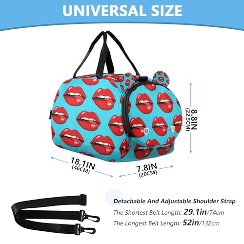 Red Lips Kids Overnight Sports Duffel Bags with Shoe Compartment & Wet Pocket Travel Sport Gym Bag for Girls Boys3