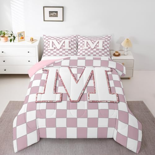 Image of Erosebridal Pink Initial M Bedding Set Queen Kawaii Plaid Checkered Comforter Set for Kids Girls Teen Women Cute Personalized Monogram Down Comforter,Fashion Grids Gingham Quilt Duvet