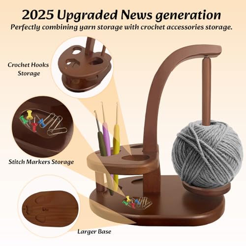 Yarn Holder for Crocheting, Wooden Yarn Ball Holder, Yarn Spinner with Magnetic, Pendulum Yarn Dispenser, Crochet Gift for Knitting Lovers (Upgraded Brown) — view 2